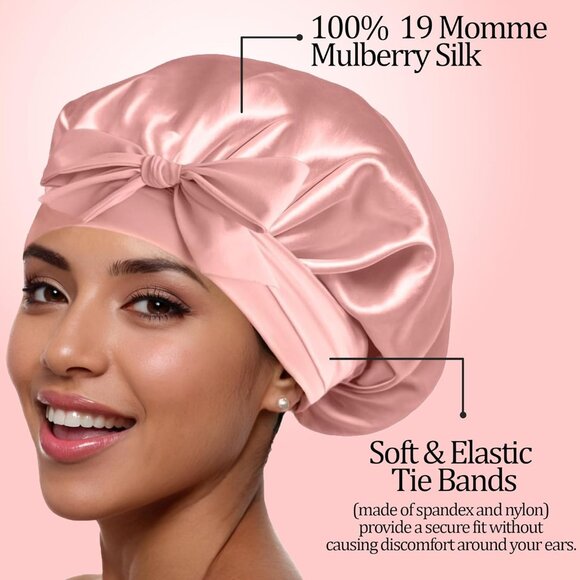 Silk Bonnet 100% Mulberry Sleep Cap Breathable & Adjustable Sleeping Caps Non Sl - Picture 2 of 7